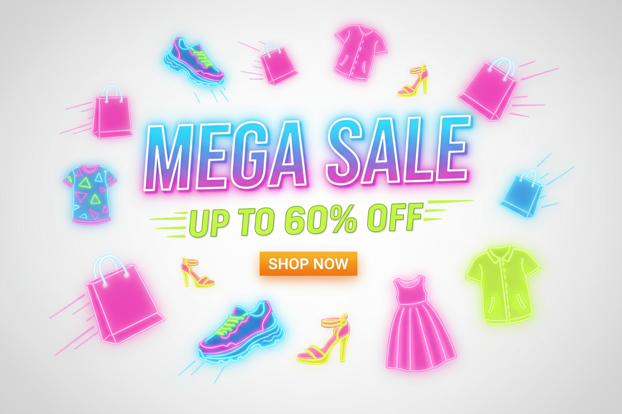 create a mega sale upto 60% Off banner and size of banner is 1240x2240 that fit my shopify image banner and add some multi neon colors shopping bag and shoes clothes picturers